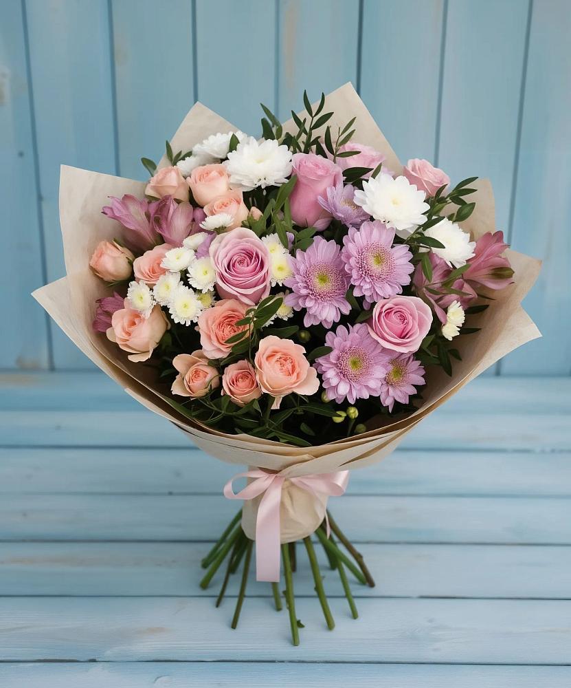 Букет цветов из: Хризантемы, Розы и Альстромерии в Инарках